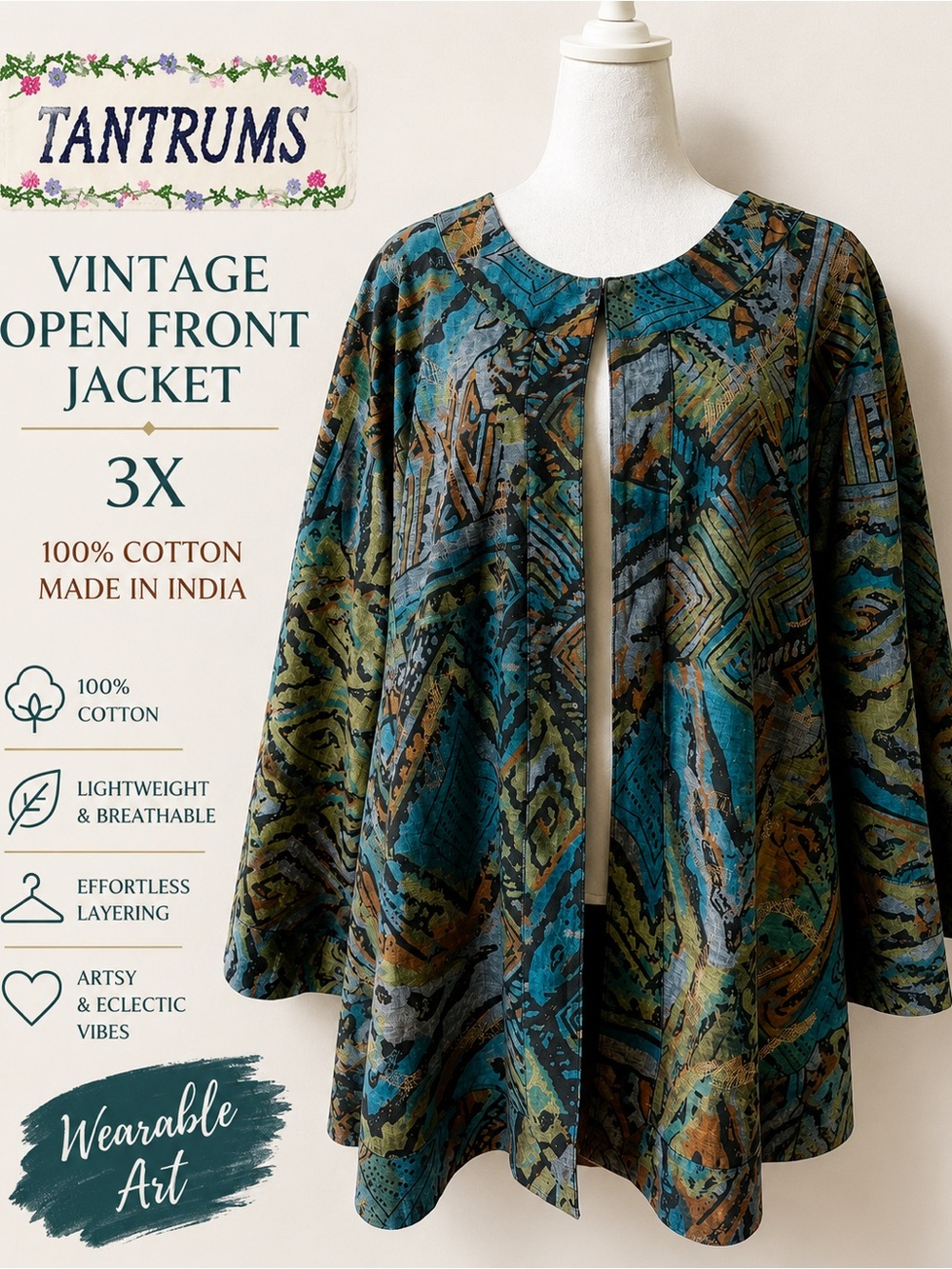 Tantrums Teal, Olive & Brown Abstract Open-Front Jacket